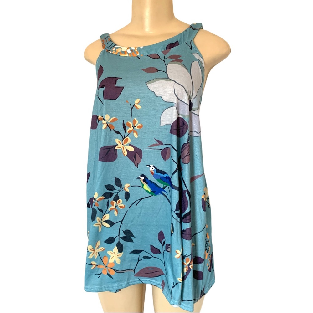 NWT Fee et Rit Designer Tropical Birds Blue White Floral Summer Tank Top Shirt